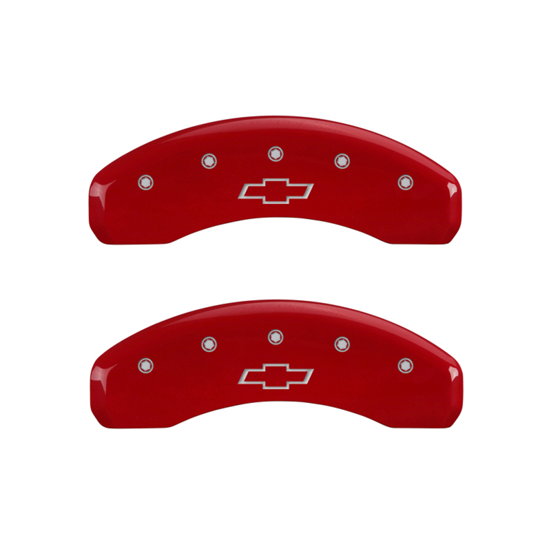 MGP 4 Caliper Covers for Chevrolet Avalanche 2007-2014 with Red Bowtie Finish and Silver Engraving - Image 5