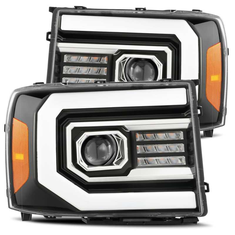 AlphaRex PRO-Series Projector Headlights for 2007-2013 GMC Sierra 1500HD – Plank Style, Gloss Black with Activ Light and Sequential Signal