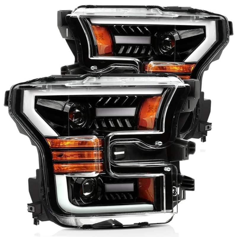 AlphaRex PRO-Series Projector Headlights for Ford F-150 2015-2016 - Plank Style Gloss Black with Activation Light and Sequential Signal