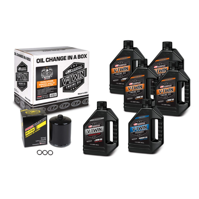 Maxima V-Twin Oil Change Kit Mineral with Black Filter and Evolution Oil – Easy Maintenance for Harley-Davidson Motorcycles