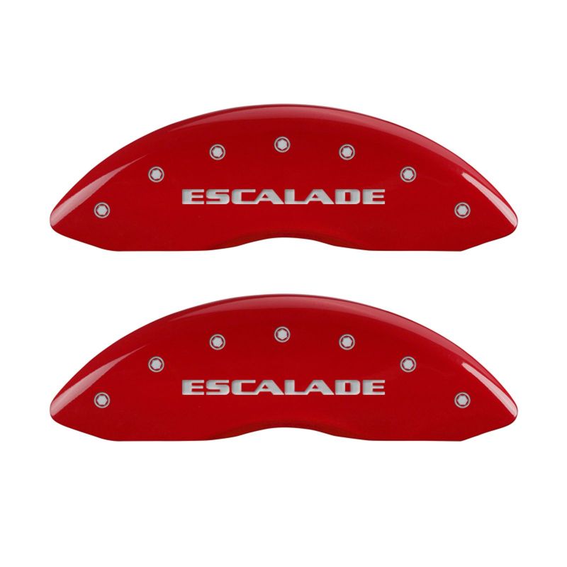 MGP 4-Piece Caliper Covers for Cadillac Escalade – Red Powder Coat with Silver Engraving